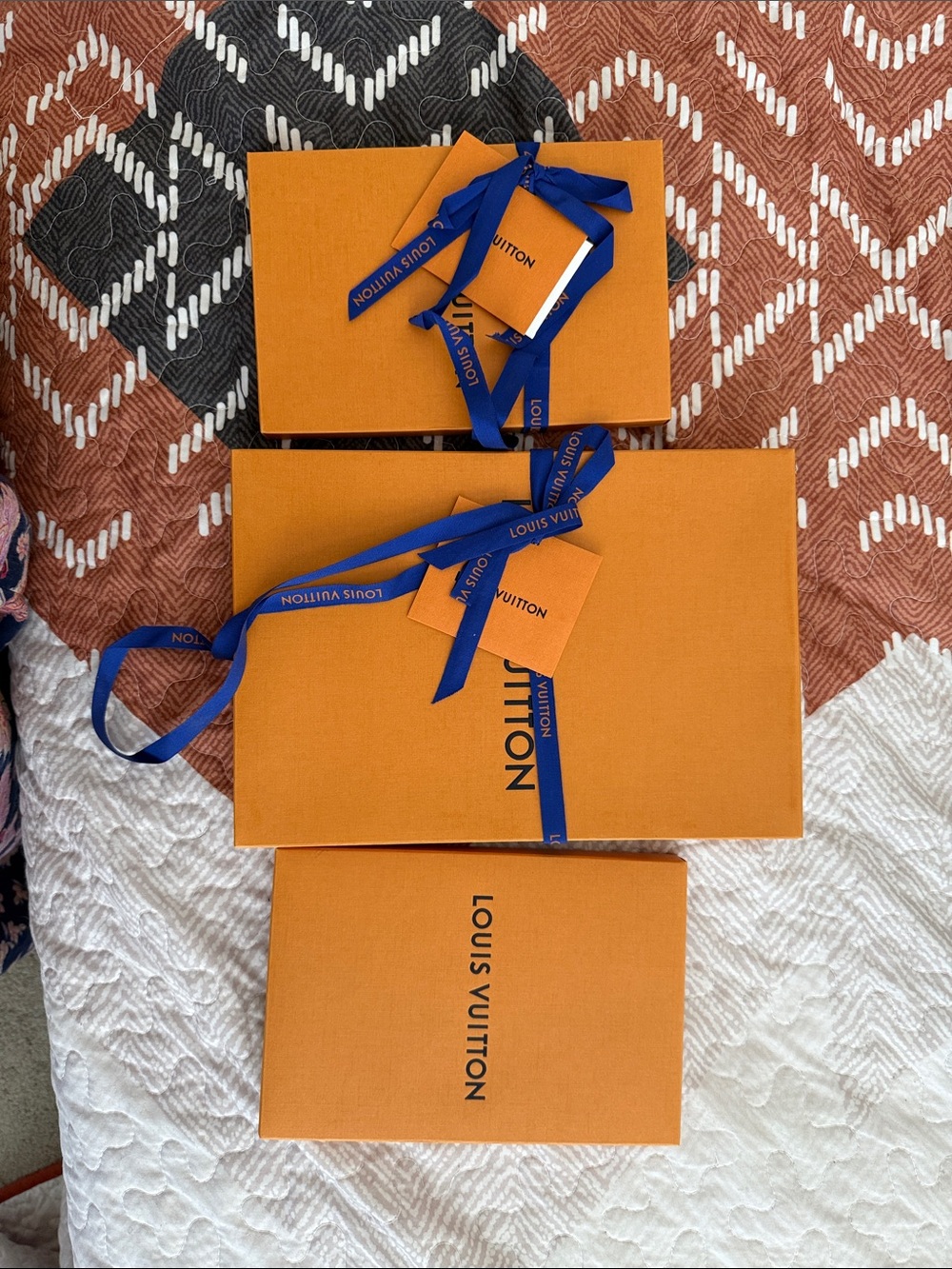 Louis Vuitton Orange Gift Boxes with Blue Ribbons and Tags